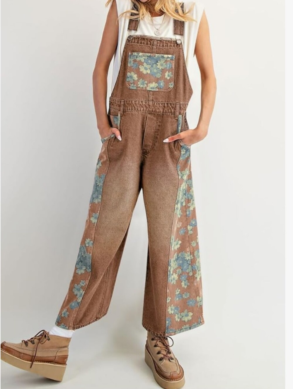 Brown Floral-Panel Wide-Leg Denim Overalls. NWT Size XS
